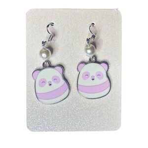 Squishmallows Panda Hand Crafted Earrings with Pearl and Purple Accents